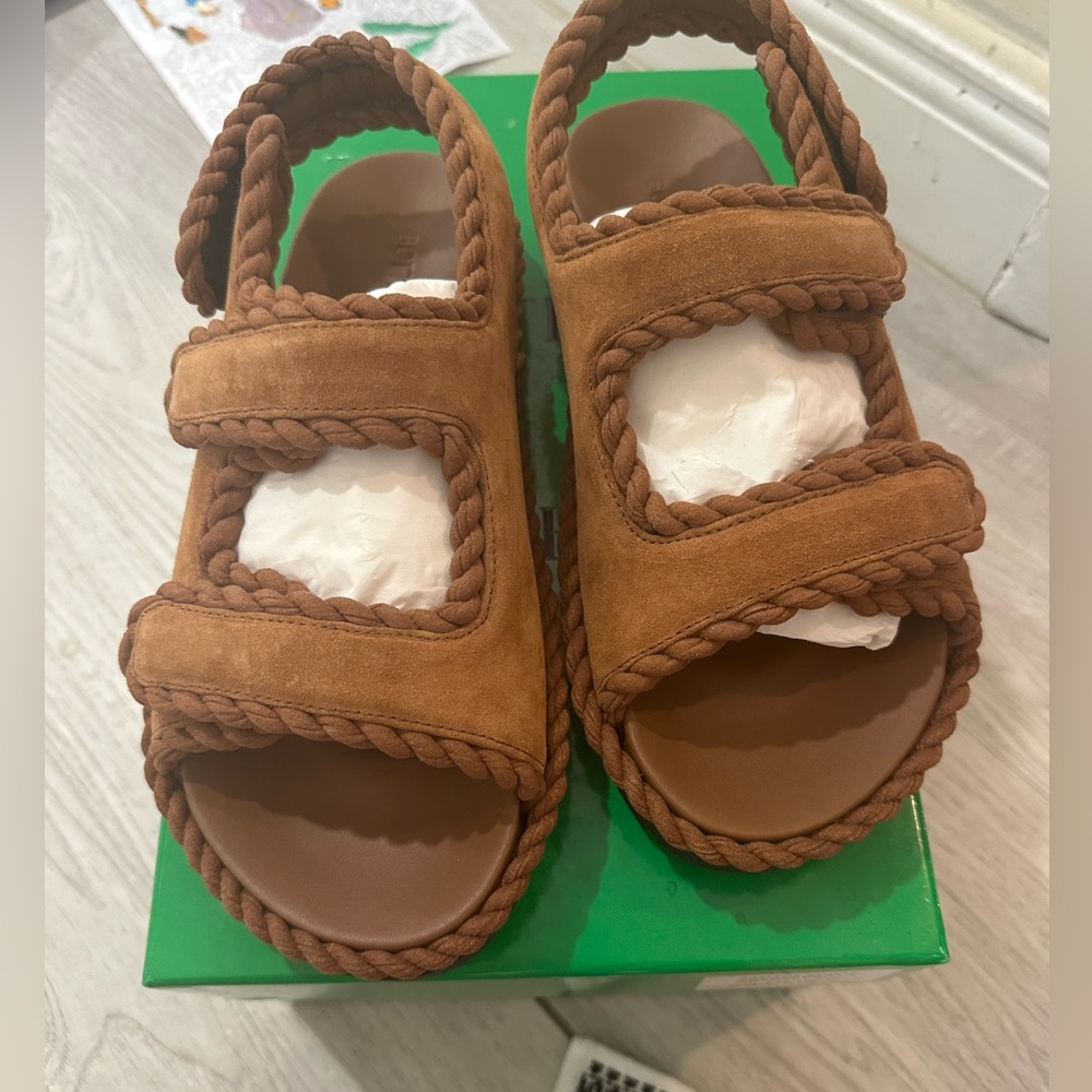 Bottega Veneta Tan Suede Rope-Trim Velcro Sandals